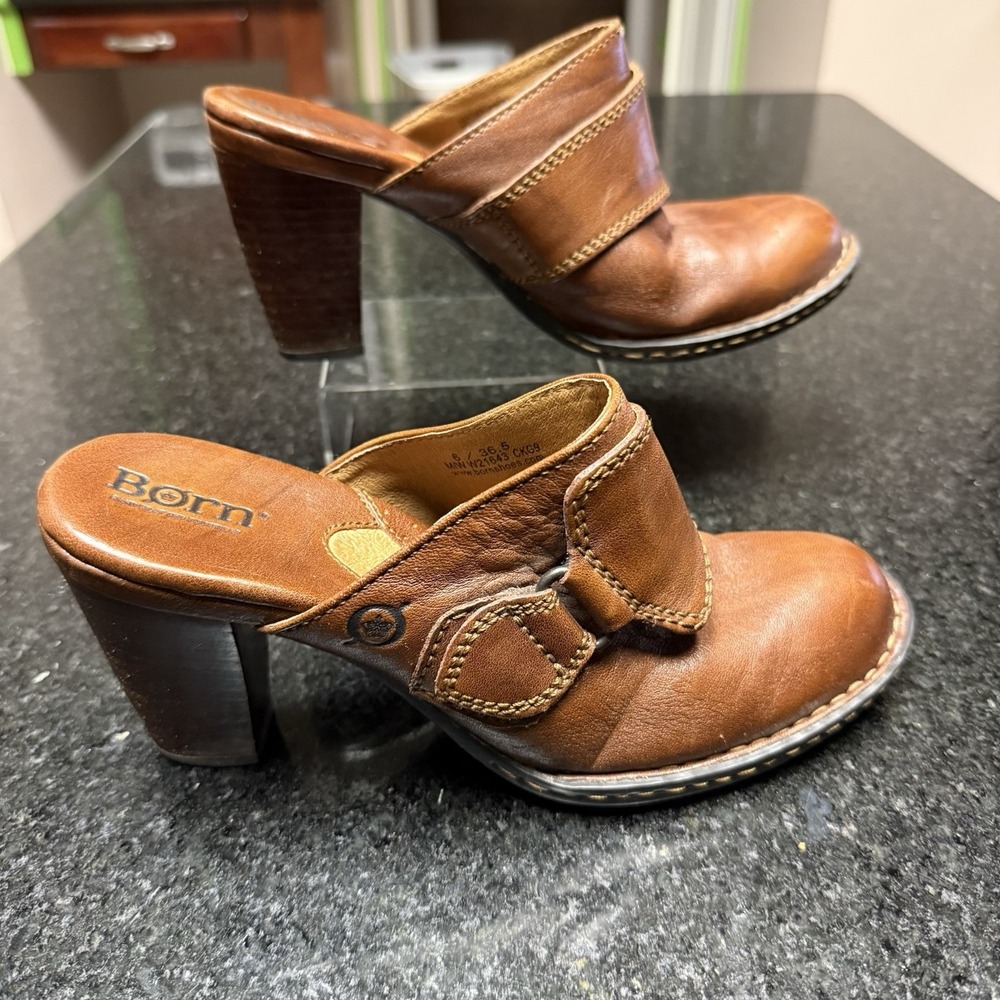 Børn Leather Heeled Mules Clogs Womens Size 6 Brown Stacked Block Boho Slip